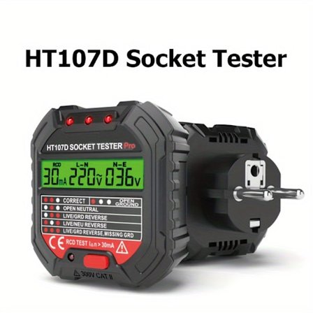 HT107D Kontaktløs Spændingsdetektor | Automatisk AC-spændingsdetektion & RCD-test | EU-stik med Jord/Fase/Neutral Test