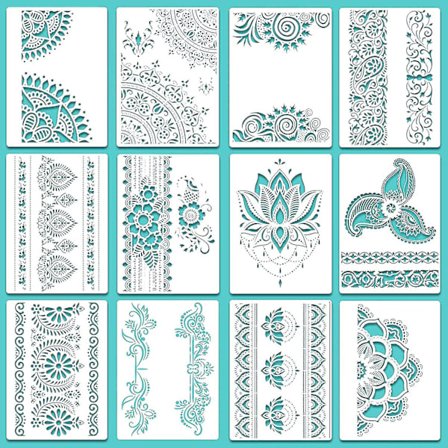 12 stk Store Mandala Mønstermalerier Gjenbrukbare Mandala Mal 8,3 x 11,7 tommer Blomsterdesign Mal Mandala Tegning