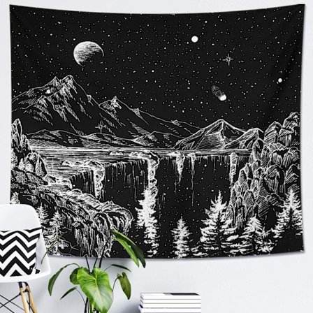 Wekity Starry Night Tapestry Mountain Tapestry Moon and Stars Tapestry Black and White Wall Tapestry - 70.9x90.5 Inch