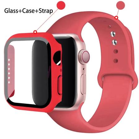 Glas+ Case+ Rem För Apple Watch -band 44mm 45mm 42mm 41mm 40mm 38mm Silikonarmband iWatch-serien 8 9 7 6 5 4 3 SE 32 Coral red 41mm series 7 8 9