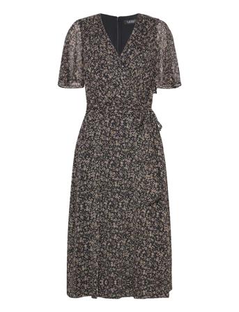 Floral Belted Crinkle Georgette Dress Black Lauren Ralph Lauren