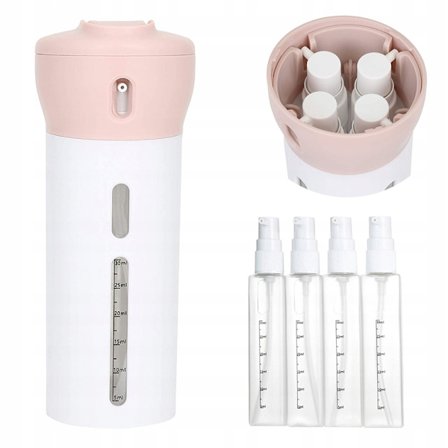 Reiseoppbevaring med 4 doseringsflasker – kompakt kosmetikkdispenser 4×40 ml med etiketter, praktisk reiseorganisator