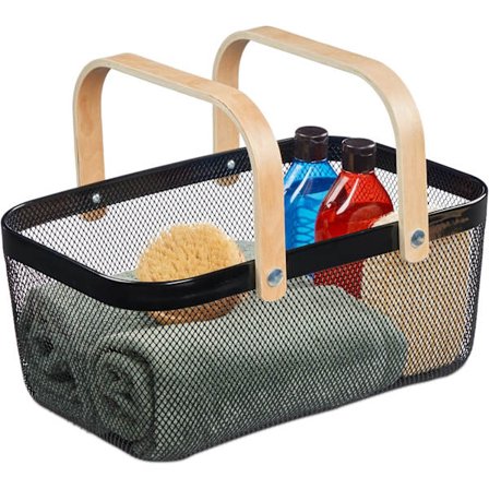 Lankakori kahvalla, neliö, säilytyskori metallia ja puuta, keittiövälinekori, kylpyhuone, olohuone, musta, 1 kpl, 24,5*40*18,5 cm.