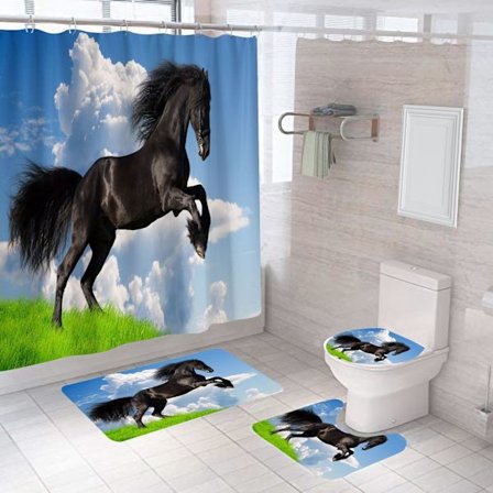 Duschdraperisets med hästmotiv, 4 delar (stil 7), svart häst djur vattentät duschdraperi