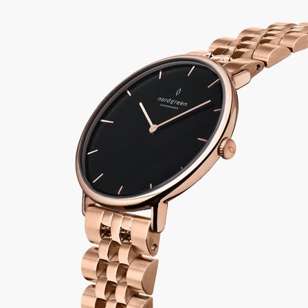 Nordgreen Women's Slim Dress Watch - Rose Gold Case - Black Dial - 5 Linked Metal Watch Strap Native White Dial
