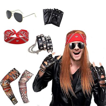 1980'er Metal Rocker Rockstar Rock N Roll kostume 70'er 80'er Festtilbehør Sæt Pandebånd Tatoveringsmanchet Handsker Punk Armbånd 6 Pieces
