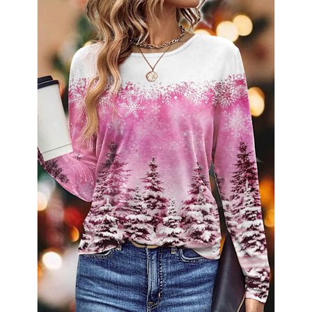 Uusi naisten T-paita joulukuusiprintillä, pitkähihaiset rennot topit, muodikas pyöreä pääntie, normaali istuvuus, Y2K-vaatteet tytöille