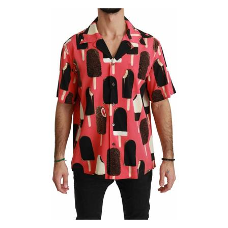 Dolce & Gabbana, Pink Silk Ice Cream Print Casual Shirt Roze, Heren, Maat:S,elastan