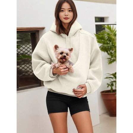 Naisten fleecehuppari lemmikkitaskulla (kissataskulla) Kissa ja koira Pitkähihainen pusero Valkoinen XXL White-FS-