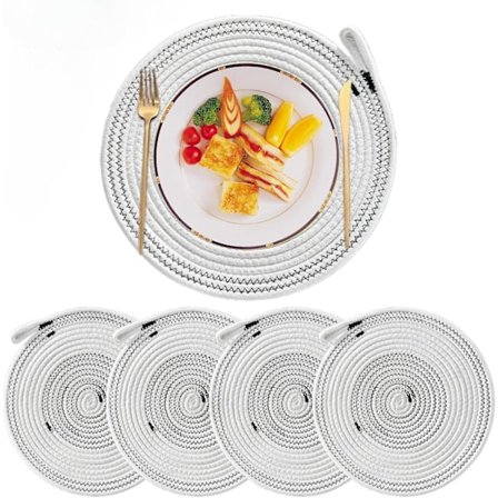 Vävda Bomullsrep-Underlägg, Set om 4, 12 Tum Värmebeständiga Runda Underlägg med Hängring, Flätade Bordsunderlägg för Hemmet Köket (Paket om 4, 12 Tum