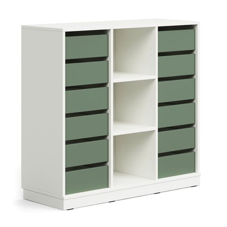 Student storage CASPER, 12 drawers, 3 compartments, base frame, white/dark green