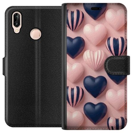 Kompatibel Tegnebogsetui til Huawei P20 lite Bløde tredimensionelle hjerter i lyserød og navytoner i et romantisk mønster