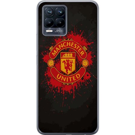 Kompatibelt Mobildeksel til Realme Realme 8 Manchester United logo i rød og gul farge med røff sportslig bakgrunn