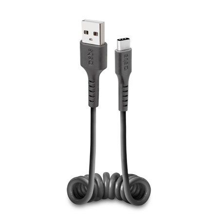 SBS USB 2.0 Data og ladekabel, Spiral, USB-C: Han - USB-A: Han, 0,5m, Sort, TPU kappe