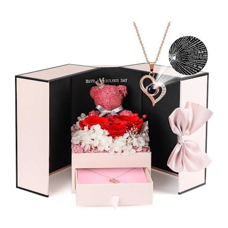 Rosegaver - Præserverede ægte roser Forever Red Flowers med Jeg elsker dig på 100 sprog halskæde og sød mosbjørn