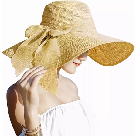 Dame 5,5 tommers stor sløyfe stråhatt stor floppy sammenleggbar rull opp strandlue solhatt UPF 50+