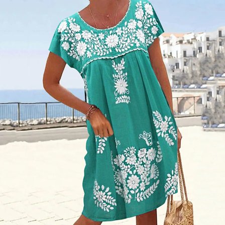 Kvinner Kortermet Summer Beach Sundress Crew Neck Midi-kjole.