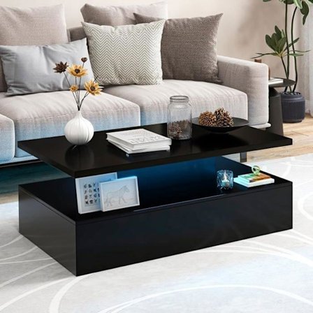 Soffbord i två nivåer - COSTWAY - 20 justerbara LED-lampor med fjärrkontroll - Svart glansigt soffbord