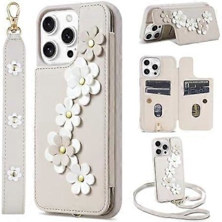 Etui til iPhone 16 Pro Max, pung med kortholder, sødt blomsterdesign crossbody telefon taske til kvinder, PU læder magnetisk stativ stødsikker 