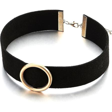 Klassinen musta leve choker-kaulakoru naisille, jossa ruusukullan v rinen ympyr riipus