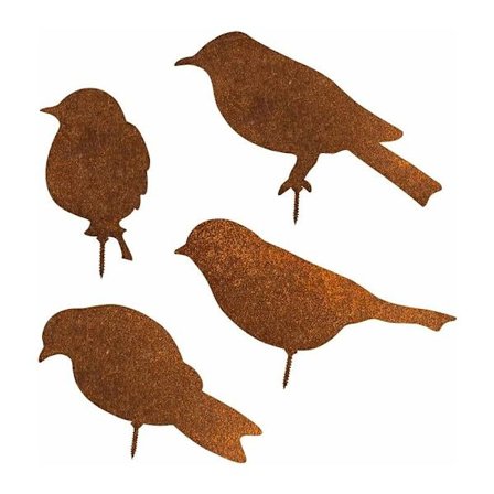 Rustikk metallhagedekorasjon, 4 stk. rustne fugler med skruer, rustent metall