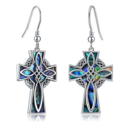 Korsøreringer for kvinner 925 Sterling Sølv Keltisk Knute Abalone Skjell Øredobber Religion Smykker Kristne Gaver A1