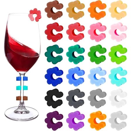 24 stk. vinglasmarkører i glas, glasmarkører, glasmarkører til drikkevarer, blomsterformede silikone markører til vinglas, farvede vinglasmarkører