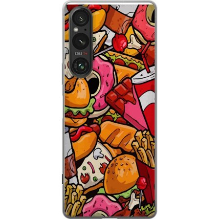 Kompatibel Mobilcover til Sony Sony Xperia 1 V Farverig fastfood collage med hamburgere, pommes frites og donuts i en legende gadekunststil med et pop