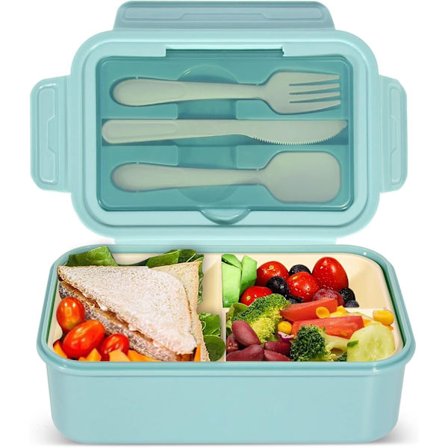 1400 ml Bento Lunsjboks, Beholder med 3 Rom, BPA-fri Sandwichboks for Voksne og Barn, Blå