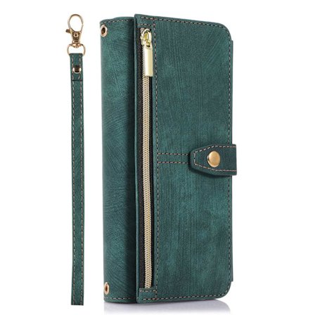 Etui til Samsung Galaxy S23, glidelås flip skinn grønn