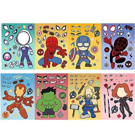 24 Pakk Marvel Superhelt Lag-et-ansikt Klistremerkeark DIY Lag Din Egen Spiderman Bland og Match Klistremerkeark Barnefest Favorittforsyninger 