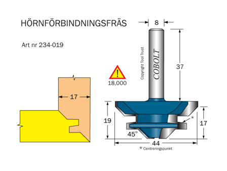 Cobolt 234-019 Hjørnefugefres 45° D=44 L=19 TL=57 S=8, Maskintilbehør & forbruk