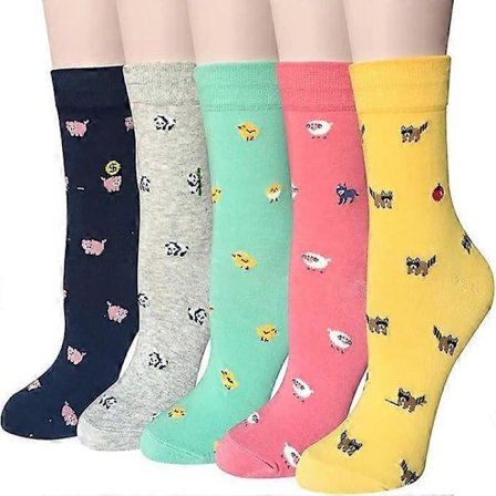 Mysiga 5-pack damstrumpor, roliga söta djur damstrumpor katt hund strumpor, presenter till kvinnor, en storlek