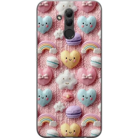 Yhteensopiva Puhelinkuori Huawei Mate 20 lite Pastellimotiiivi sydämillä, pilvillä, sateenkaarilla ja makaronseilla vaaleanpunaisella taustalla sulois