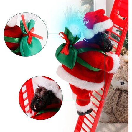 /EA/Elektrisk Tomte Klättrar Stege Till Trä Klättrande Tomte På Stege Med Musik Och Påse Med Hängande Ornament Presenter Jul (svart, 1)