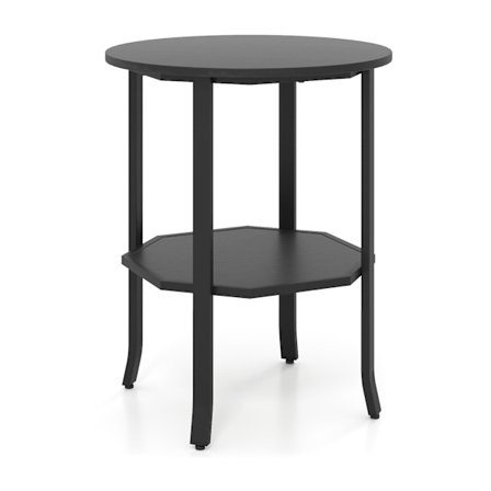 Runt sidobord med 2 våningar och hyllplan, svart metall