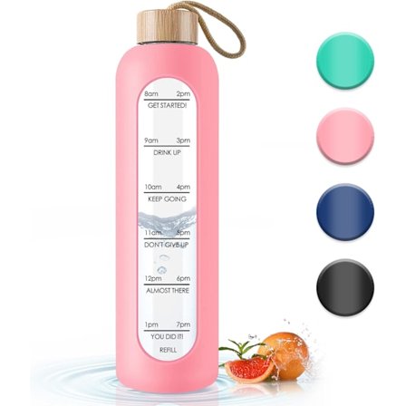 Lasinen vesipullo bambukannella - 1000 ml urheilujuomapullo aikamerkinnällä, uudelleenkäytettävä rikkoutumaton silikonikotelopullo kuntosalille, 