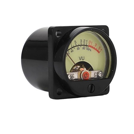 VU-mittari, korkea tarkkuus, keltainen osoitin, valkoinen LED-taustavalaistu vahvistinpaneeli, VU-mittaripää