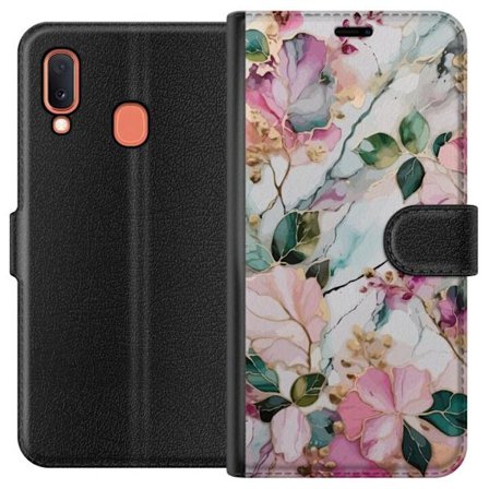 Kompatibel Tegnebogsetui til Samsung Galaxy A20e Abstrakt marmormønster med blomster, blade og gyldne detaljer i bløde pastelfarver