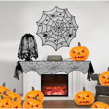 Halloween Dekoration Svart Spindelnät Spets Bord Duk Bord Flagga Gardin Dörr Gardin Öppen spis Scarf Spis Handduk