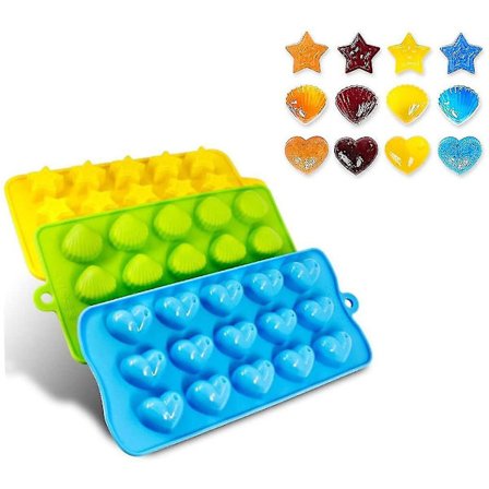 Sett med 3 isbitformer - Silikonformer i hjerte-, stjerne- og skjellform - Isbitbrett for