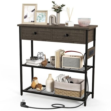 COSTWAY-konsolipöytä - 2 USB-porttia (5V-2A) ja 2 3-reikäistä liitäntää - Teollinen - 2 laatikkoa - 2 hyllyä - Harmaa