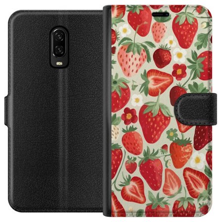 Kompatibelt Lommeboketui til OnePlus 6T Dekorativt mønster med røde jordbær, grønne blader og små blomster