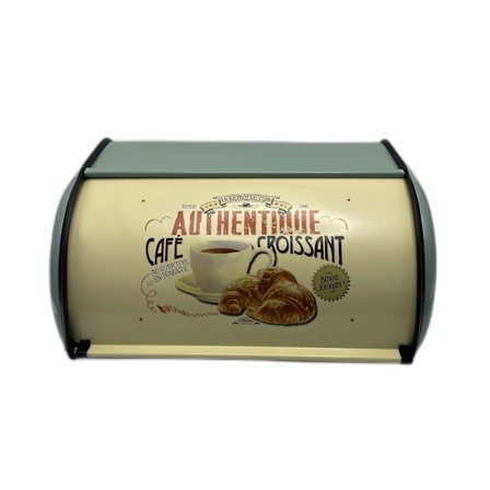Vintage Brødkasse i jern, stor metalbrødkasse med låg til opbevaring på køkkenbordet - Retrodesign med autentisk Caf Croissant-grafik (Blu