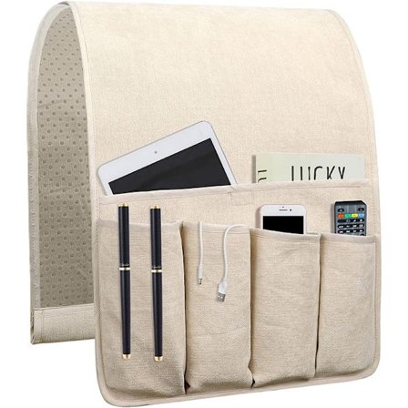 Sängficka med 5 fack, halkfri soffa fjärrkontrollhållare soffa fåtölj tillbehör (Beige)