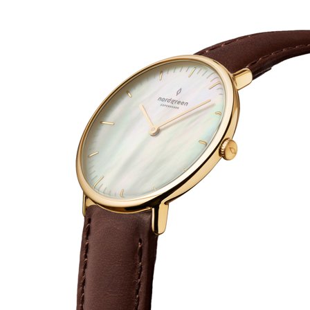 Nordgreen Scandinavian minimalist classic women's watch - Gold Case - Silver Dial - 28mm Brown Leather Watch Band Native White Dial