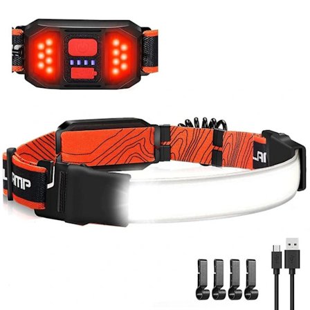 Genopladelig pandelampe 1000 lm – 230° bred vinkel COB LED med rødt baglys, vandafvisende og let design