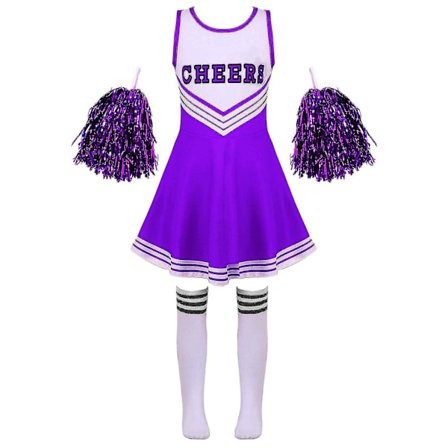 Barnekostyme for cheerleading, skolejenter, cheerleader-uniformer, cheerleading-antrekk for Halloween-kjole med strømpebukser, blomst, lilla