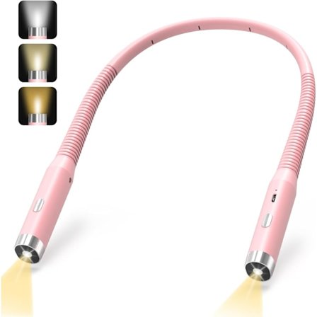 Sengelampe til læsning - Genopladelig halslampe til læsning - LED 3 farver - Justerbar lysstyrke - Fleksibel og behagelig boglampe - Pink