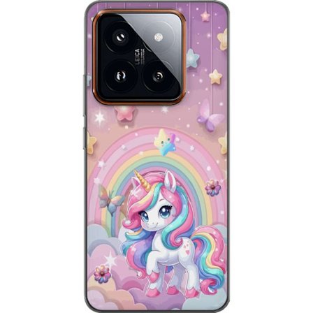 Kompatibel Mobilcover til Xiaomi 14 Pro Magisk enhjørning med regnbue manke, stjerner og sommerfugle mod en pastelfarvet himmel med skyer